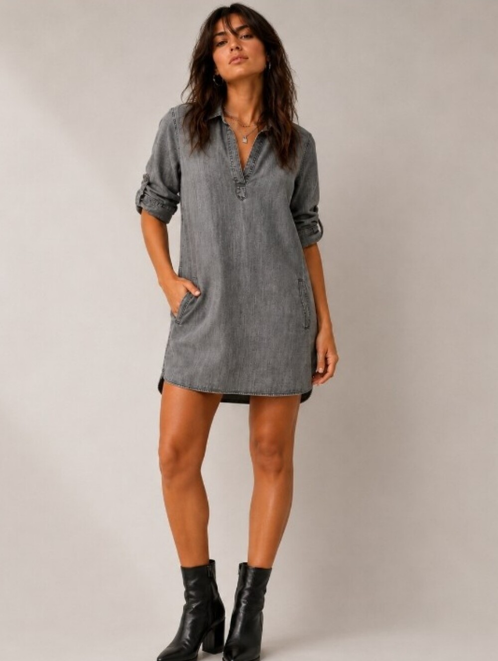 Cloth & Stone Anthropologie Grey Chambray Tencel Tunic Shirt Dress XS
